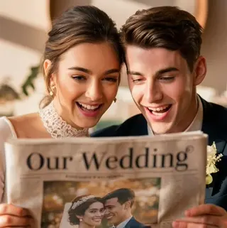 A married couple look at a wedding newspaper